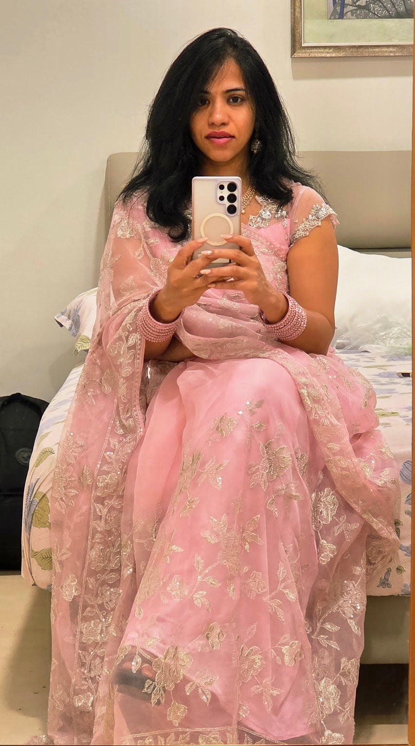 Baby Pink Pure Organza Sequin Saree With Designer Net Blouse