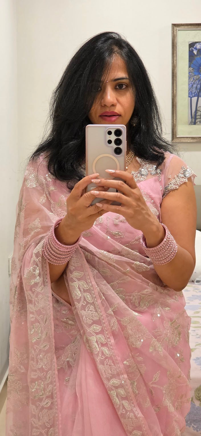 Baby Pink Pure Organza Sequin Saree With Designer Net Blouse