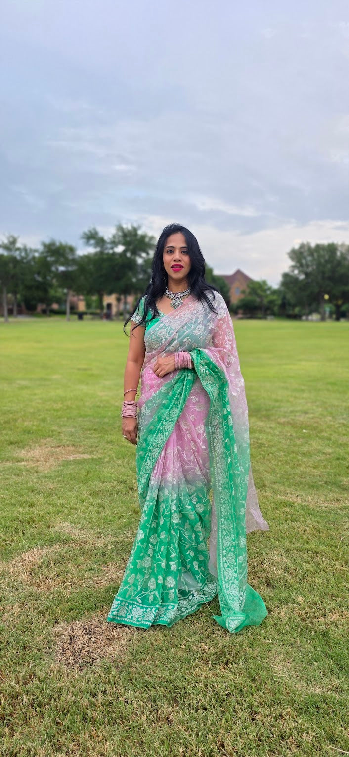 Pink and Green Premium Organza Sequin Saree in with Designer Net Blouse