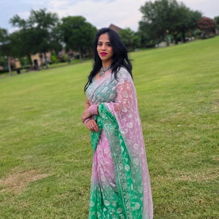 Pink and Green Premium Organza Sequin Saree in with Designer Net Blouse