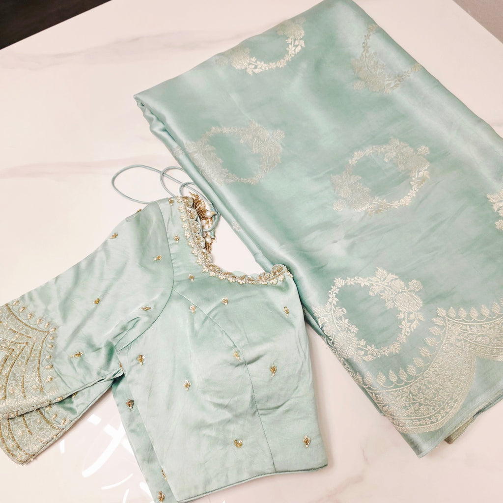 Pistaziengrüne Reine Banaras Mashru Seidensaree