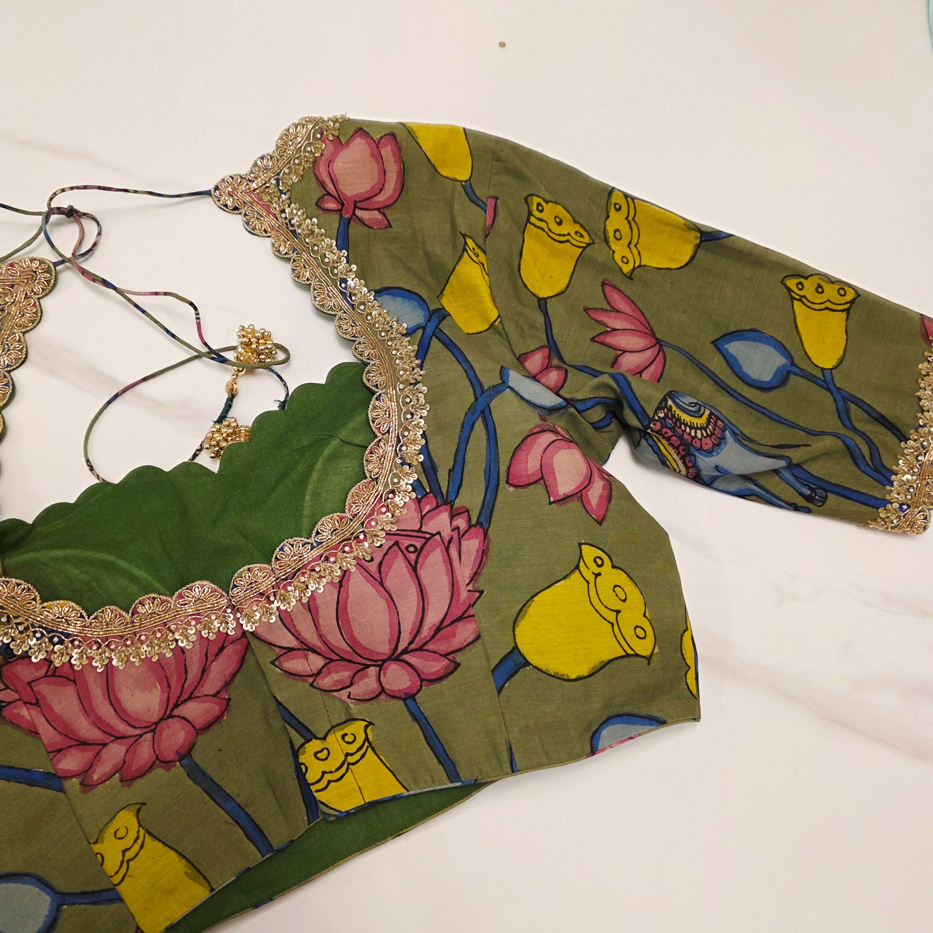 Seagreen Handpainted Viscious organza saree with Kalamkari Maggam blouse