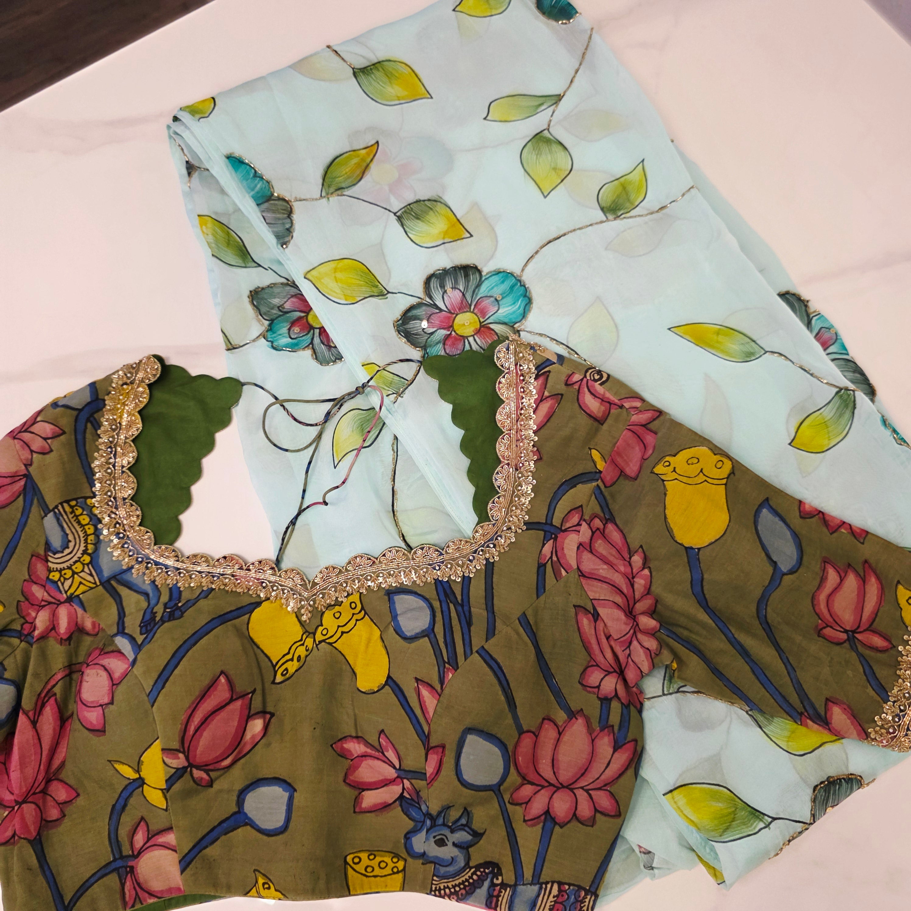 Seagreen Handpainted Viscious organza saree with Kalamkari Maggam blouse