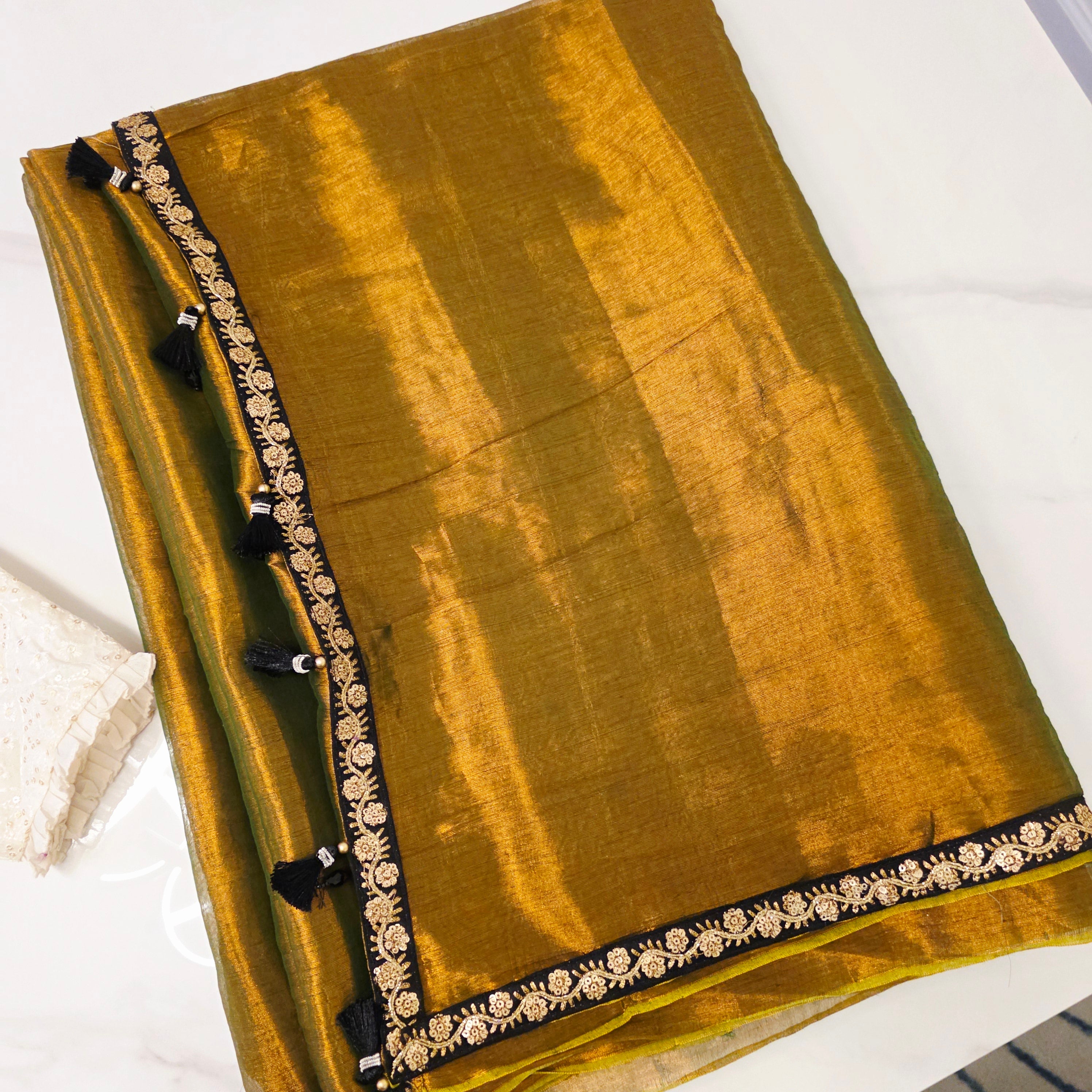 Brownish Gold Colour Tissue Linen saree with Designer Blouse