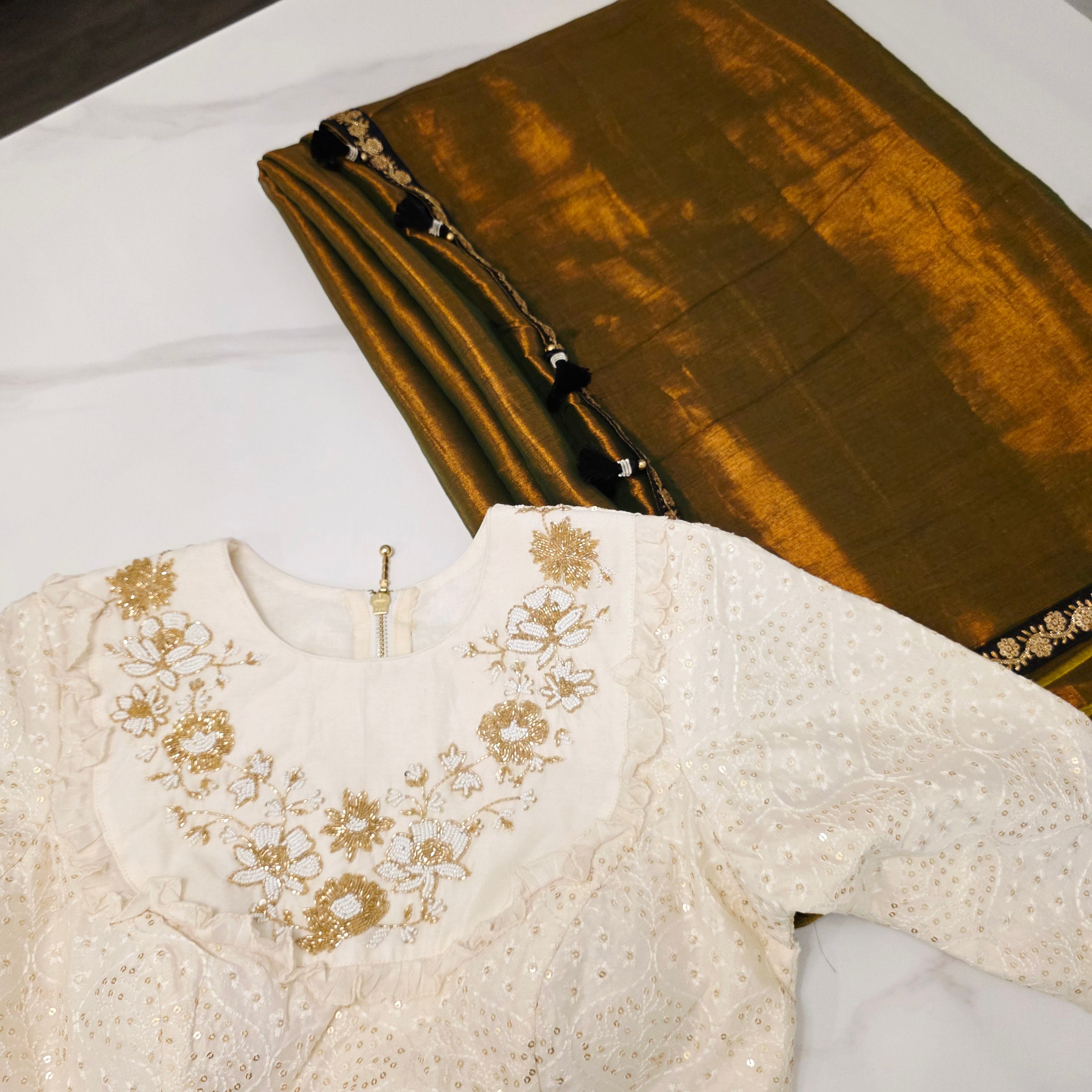 Brownish Gold Colour Tissue Linen saree with Designer Blouse