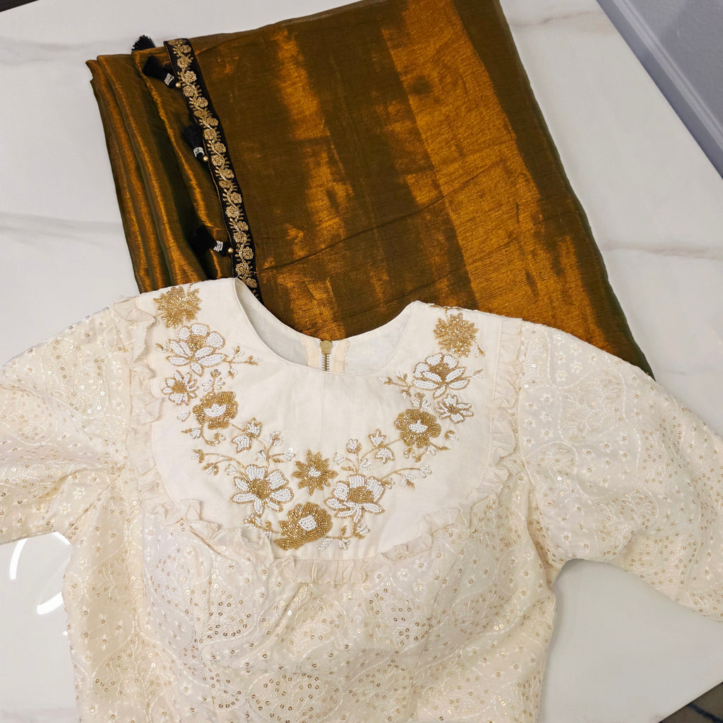 Brownish Gold Colour Tissue Linen saree with Designer Blouse