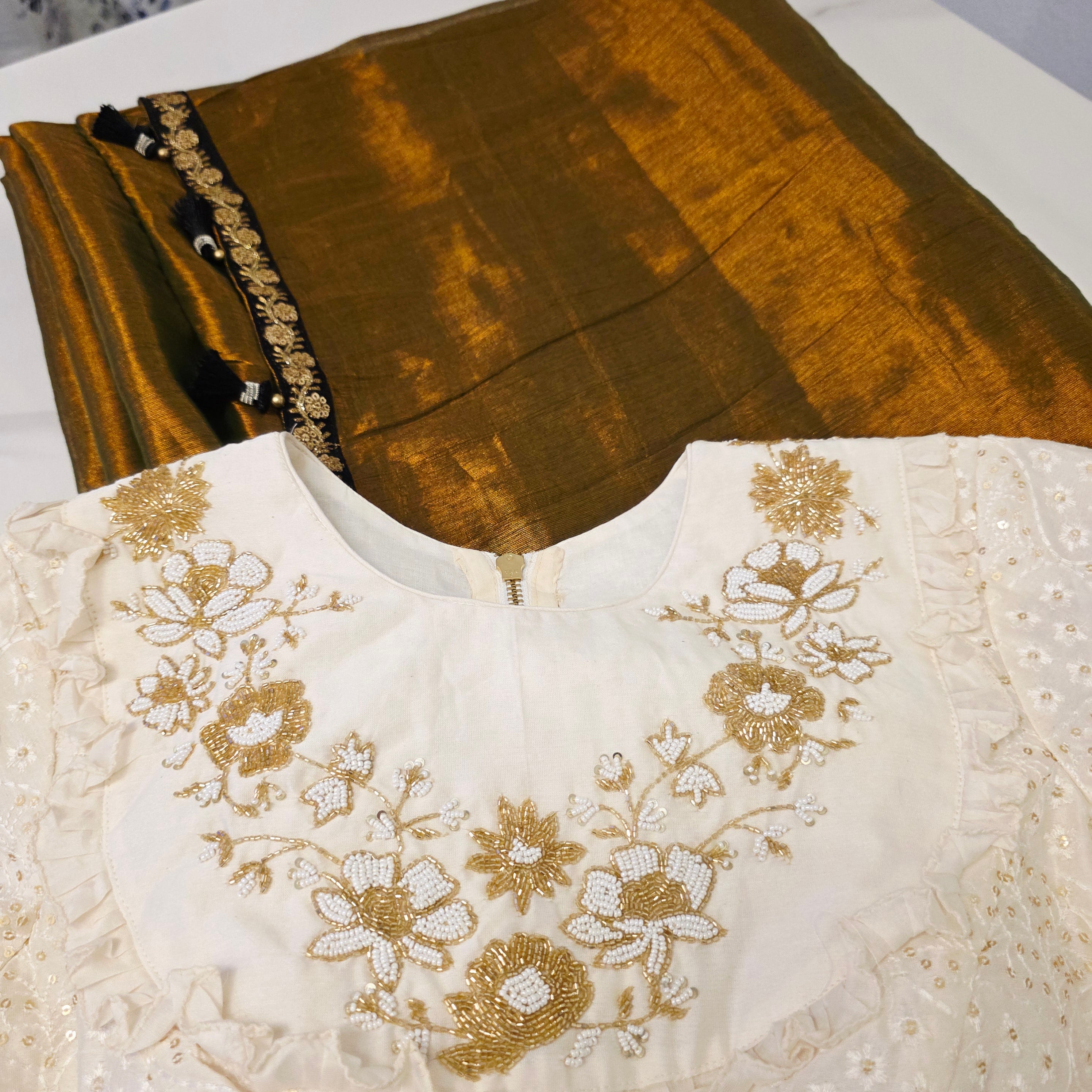 Brownish Gold Colour Tissue Linen saree with Designer Blouse