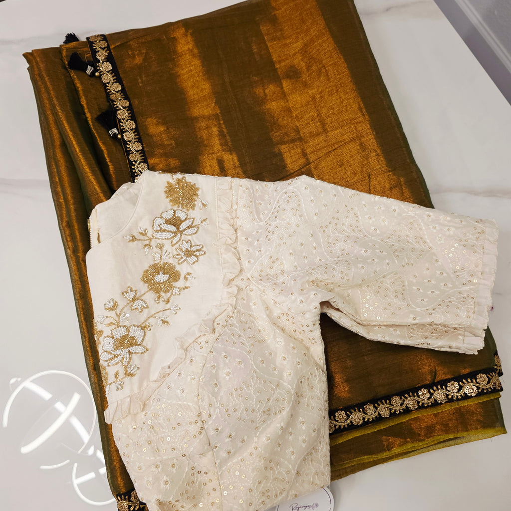 Brownish Gold Colour Tissue Linen saree with Designer Blouse