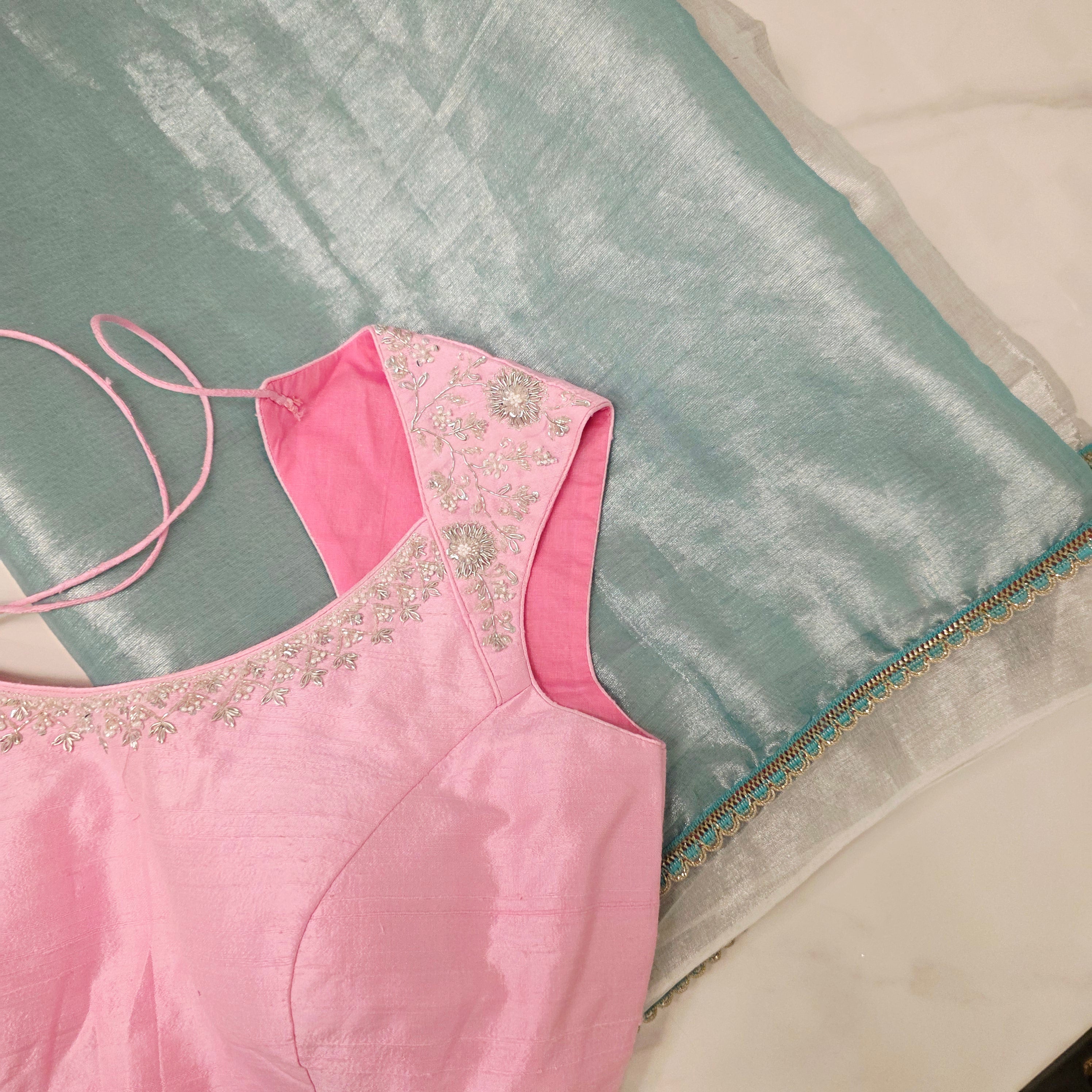 Tri Color Color Tissue Linen Saree ( Skyblue+Nayblue Pallu) With Pink Maggamwork Blouse