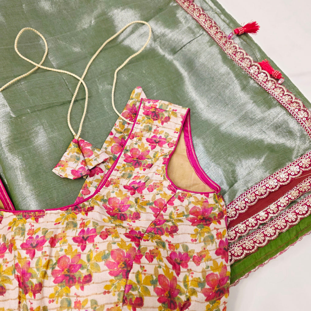 Grünfarbene Leinen-Sari mit Blumenbluse