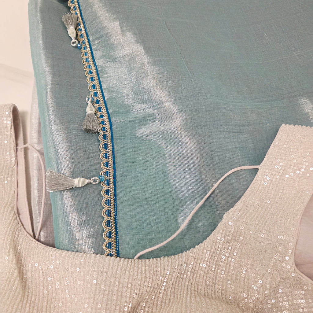 Saree aus dreifarbigem Tissue-Leinen (Navyblau-Himmelblau Pallu) mit Paillettenbluse