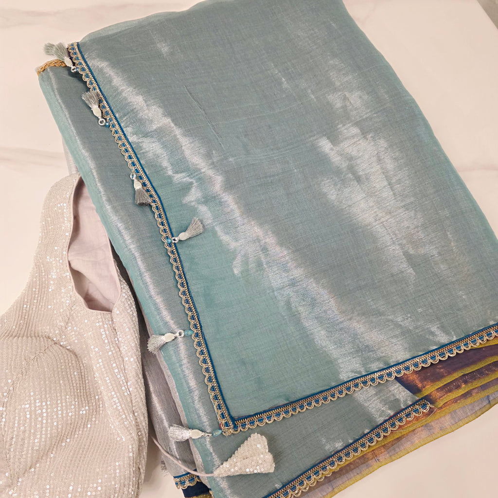 Saree aus dreifarbigem Tissue-Leinen (Navyblau-Himmelblau Pallu) mit Paillettenbluse