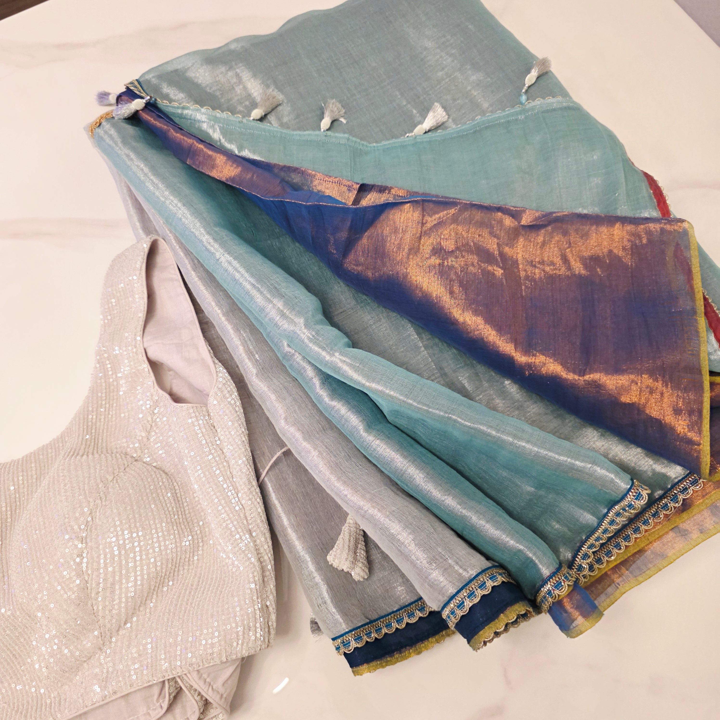 Tri Color Tissue Linen (Navy-blue Sky-blue Pallu) Saree With Sequin Blouse