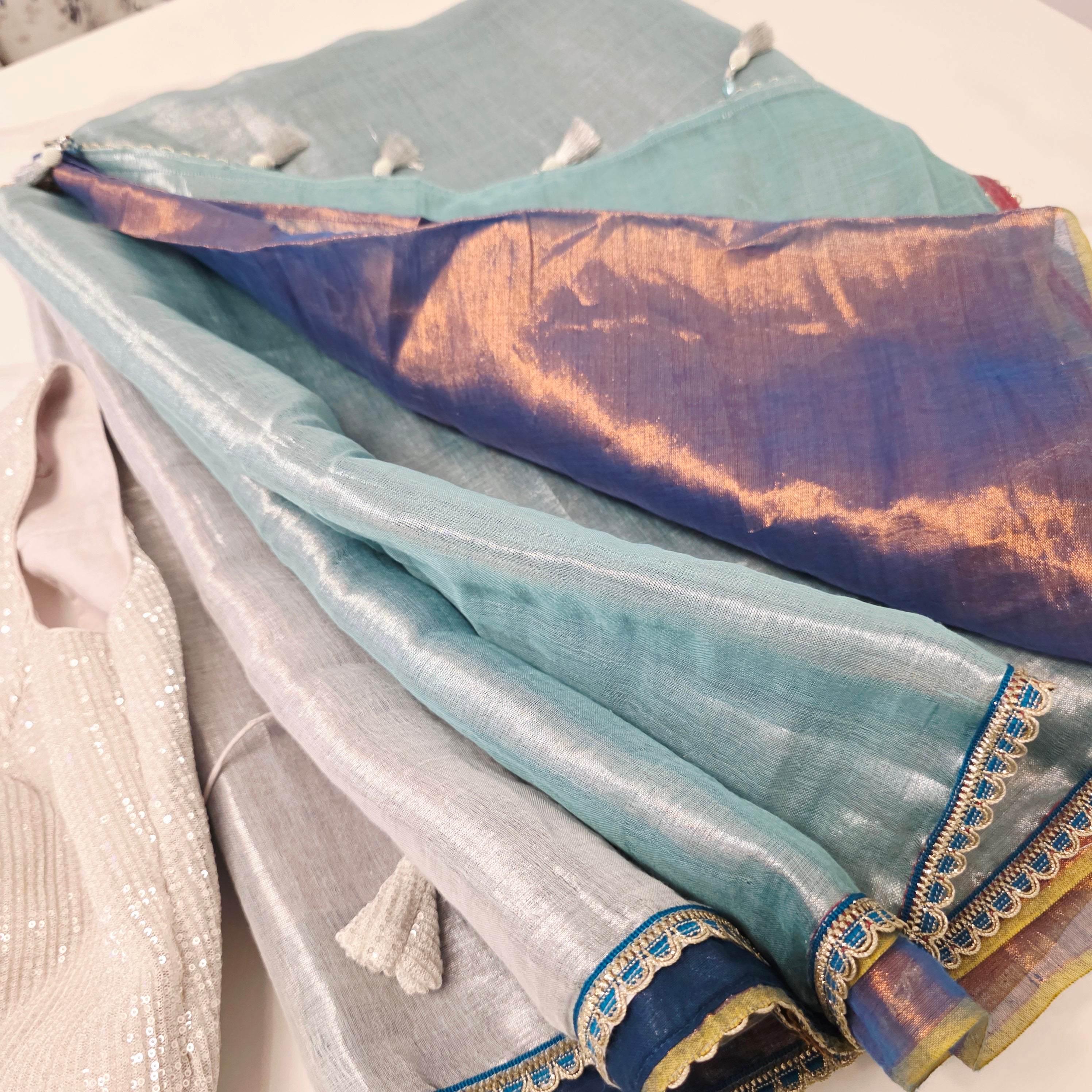 Tri Color Tissue Linen (Navy-blue Sky-blue Pallu) Saree With Sequin Blouse