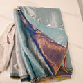 Saree aus dreifarbigem Tissue-Leinen (Navyblau-Himmelblau Pallu) mit Paillettenbluse