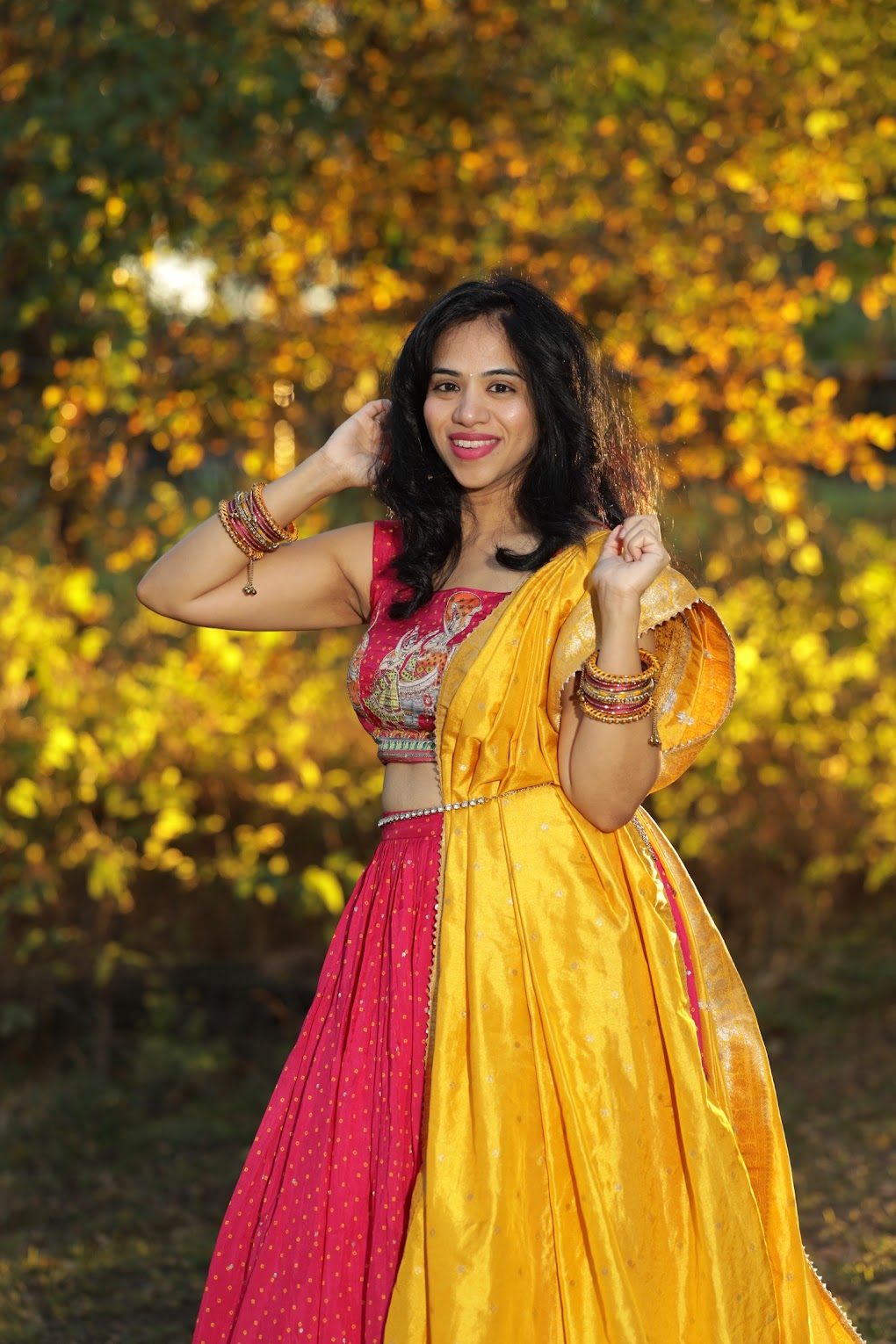 Hot Pink Designer Lehenga With Bandini and Kalamkari Work Paired with Banaras Dupatta