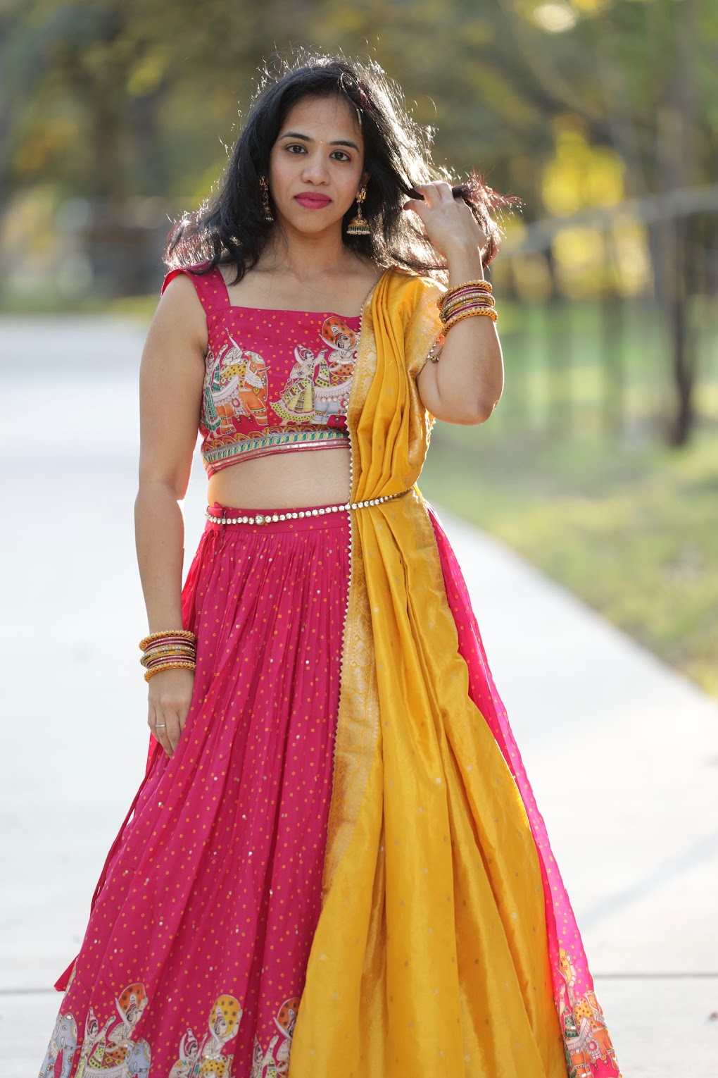 Hot Pink Designer Lehenga With Bandini and Kalamkari Work Paired with Banaras Dupatta