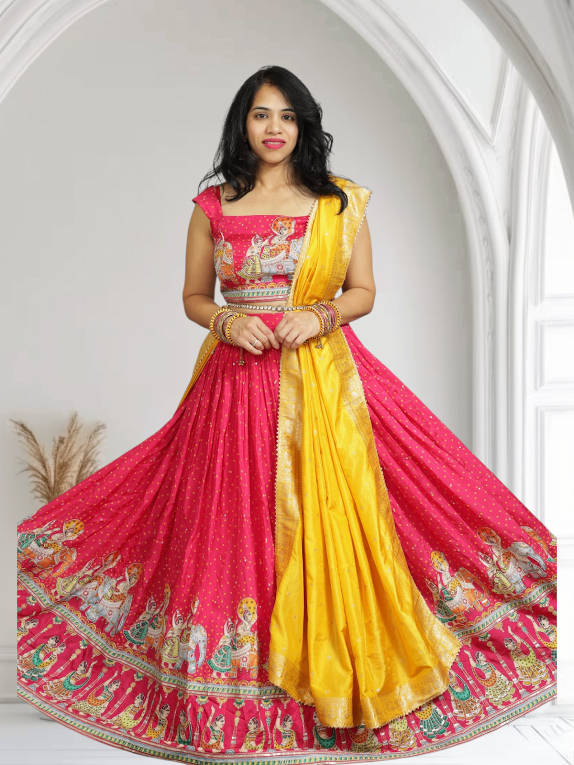 Hot Pink Designer Lehenga With Bandini and Kalamkari Work Paired with Banaras Dupatta