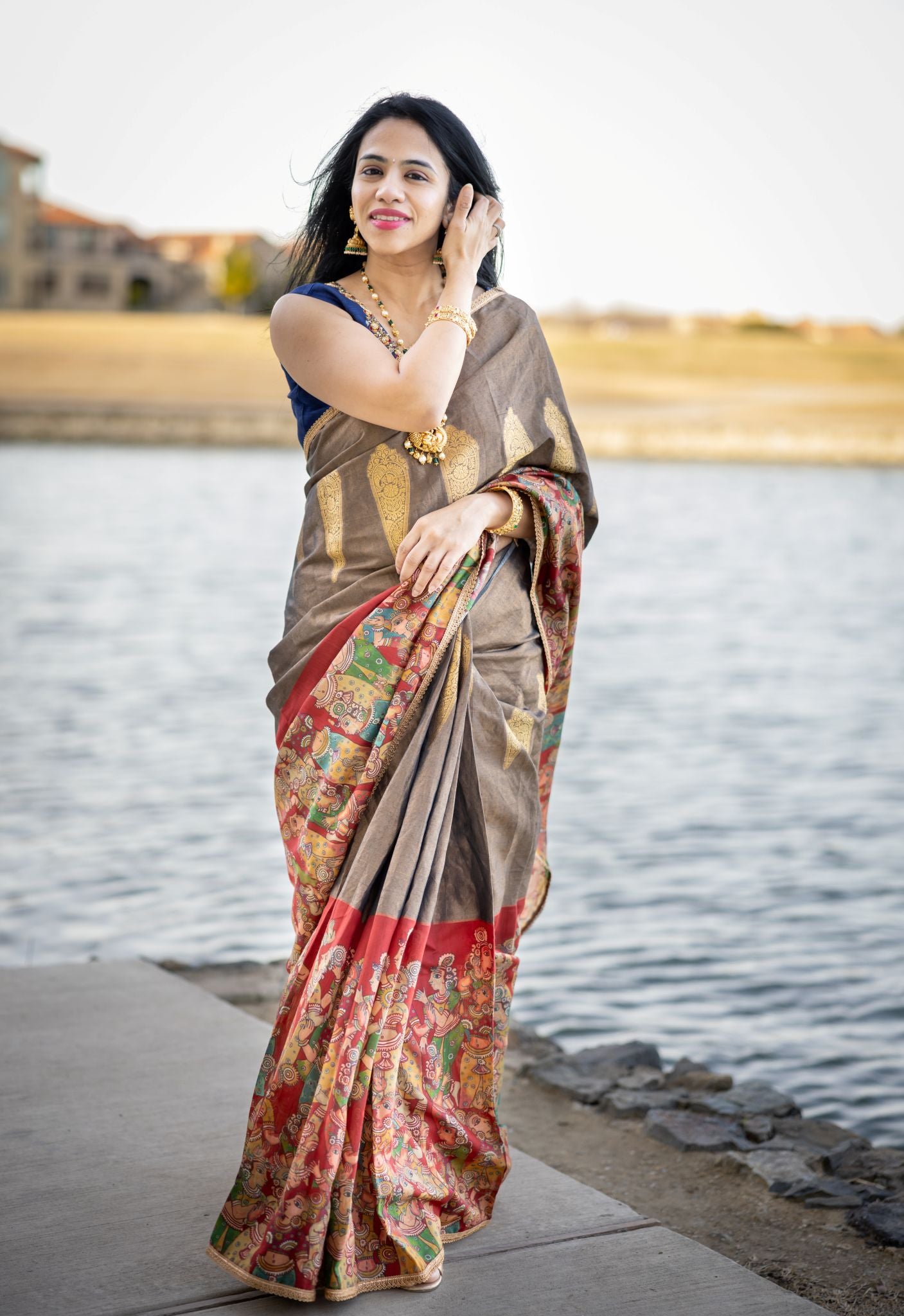 Designer Tissue Saree With Kalamkari Big Border and Trendy Blouse