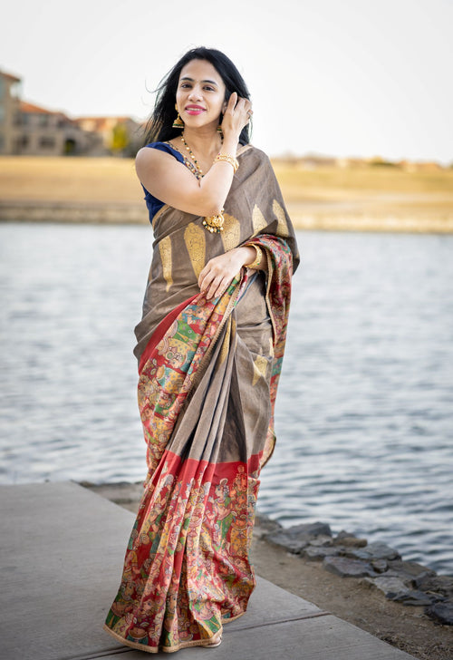 Designer Tissue Saree With Kalamkari Big Border and Trendy Blouse