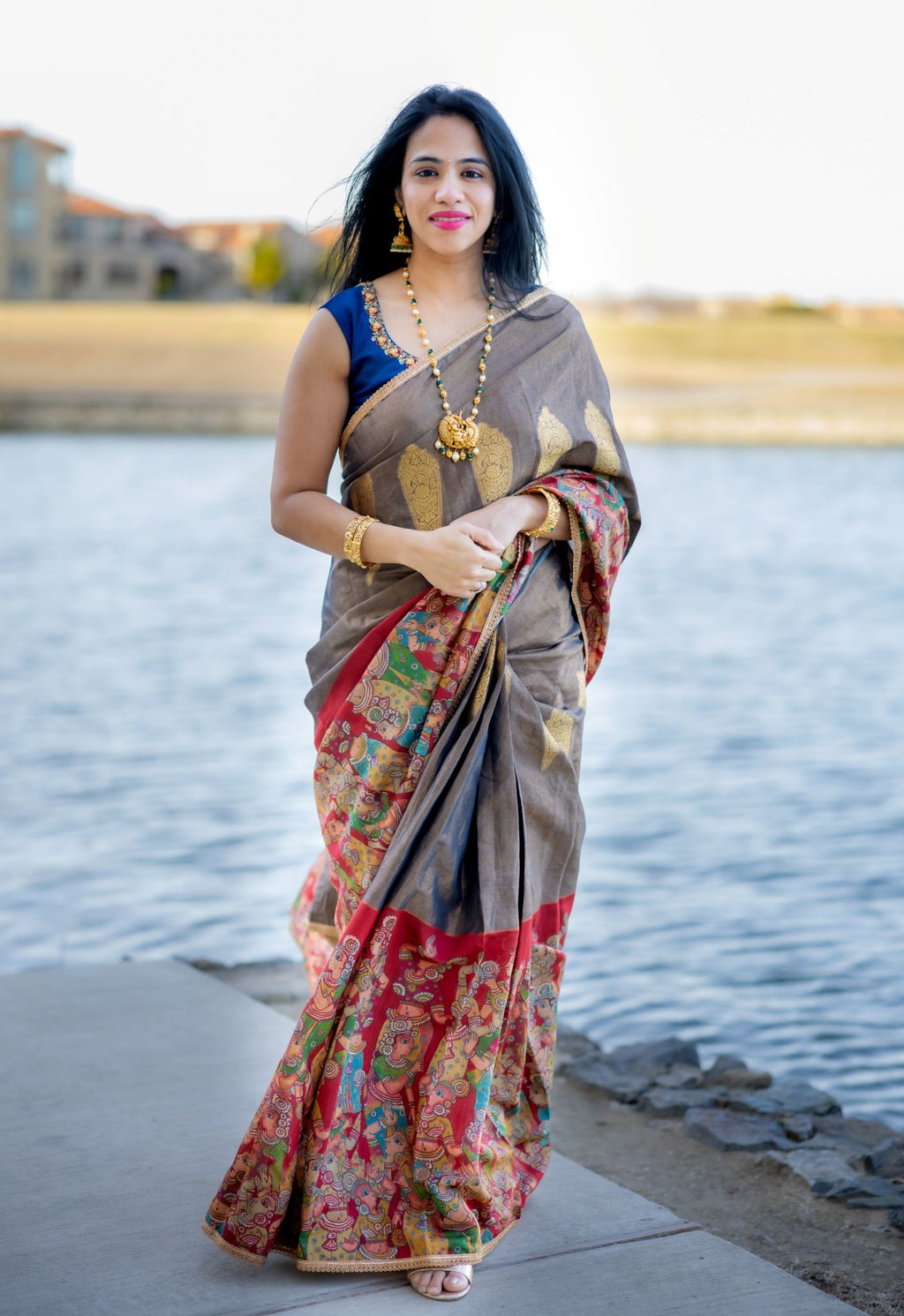 Designer Tissue Saree With Kalamkari Big Border and Trendy Blouse