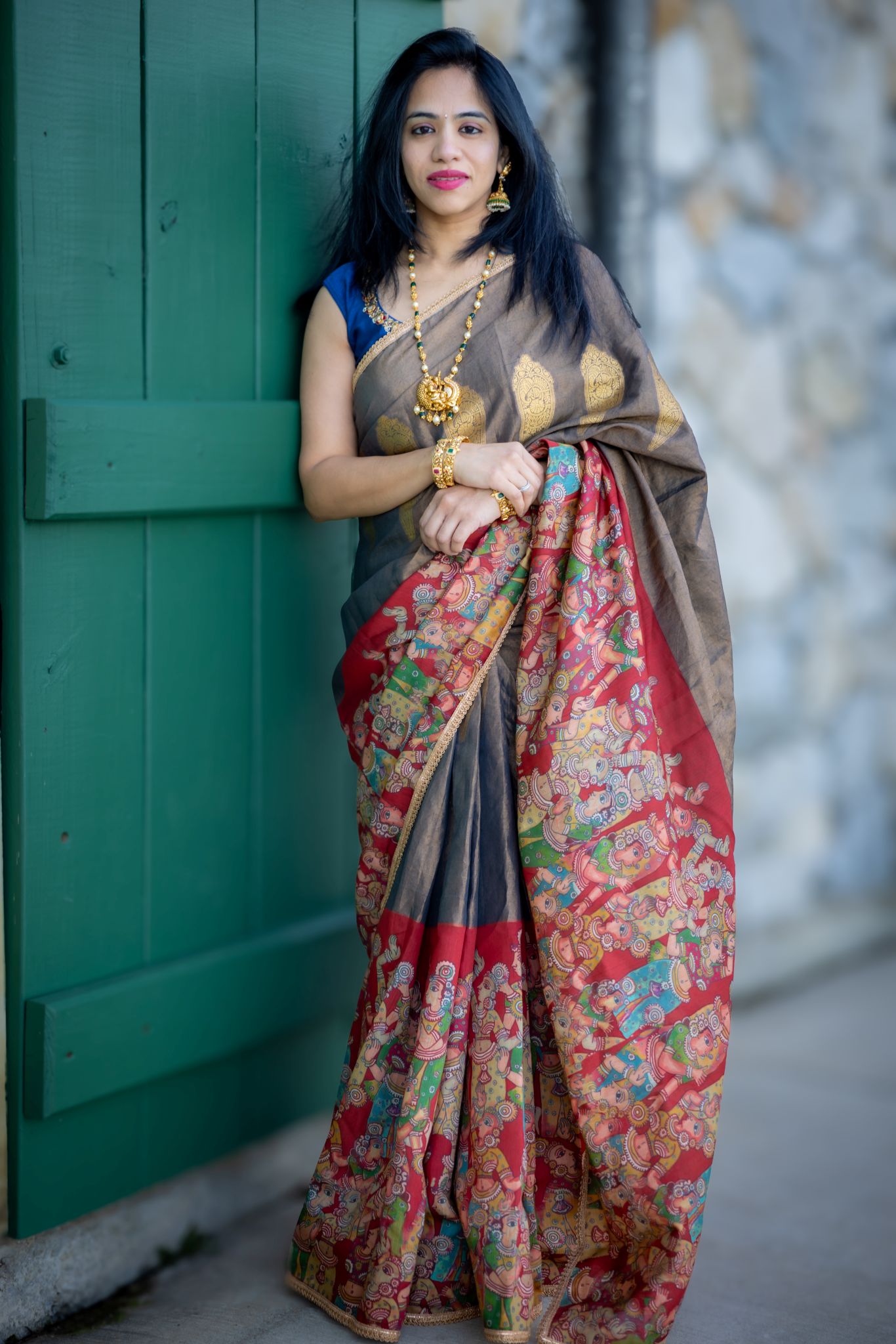 Designer Tissue Saree With Kalamkari Big Border and Trendy Blouse