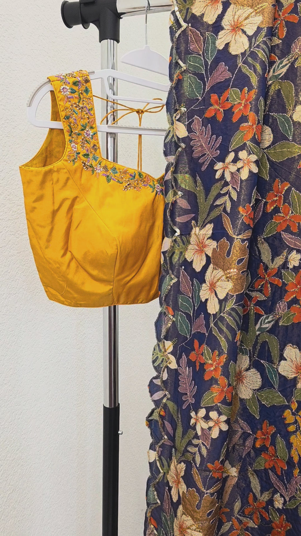 Navy Blue Floral Theme Tissue Georgette Saree with handwork border