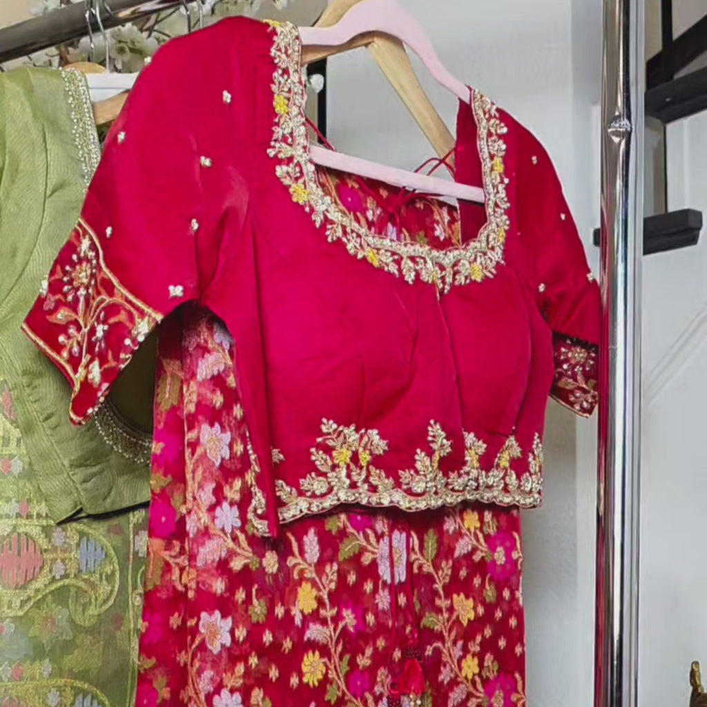 Womens Pure Banaras Kora Jamdani Sarees in Red Paired with Heavy Maggam Work Blouse