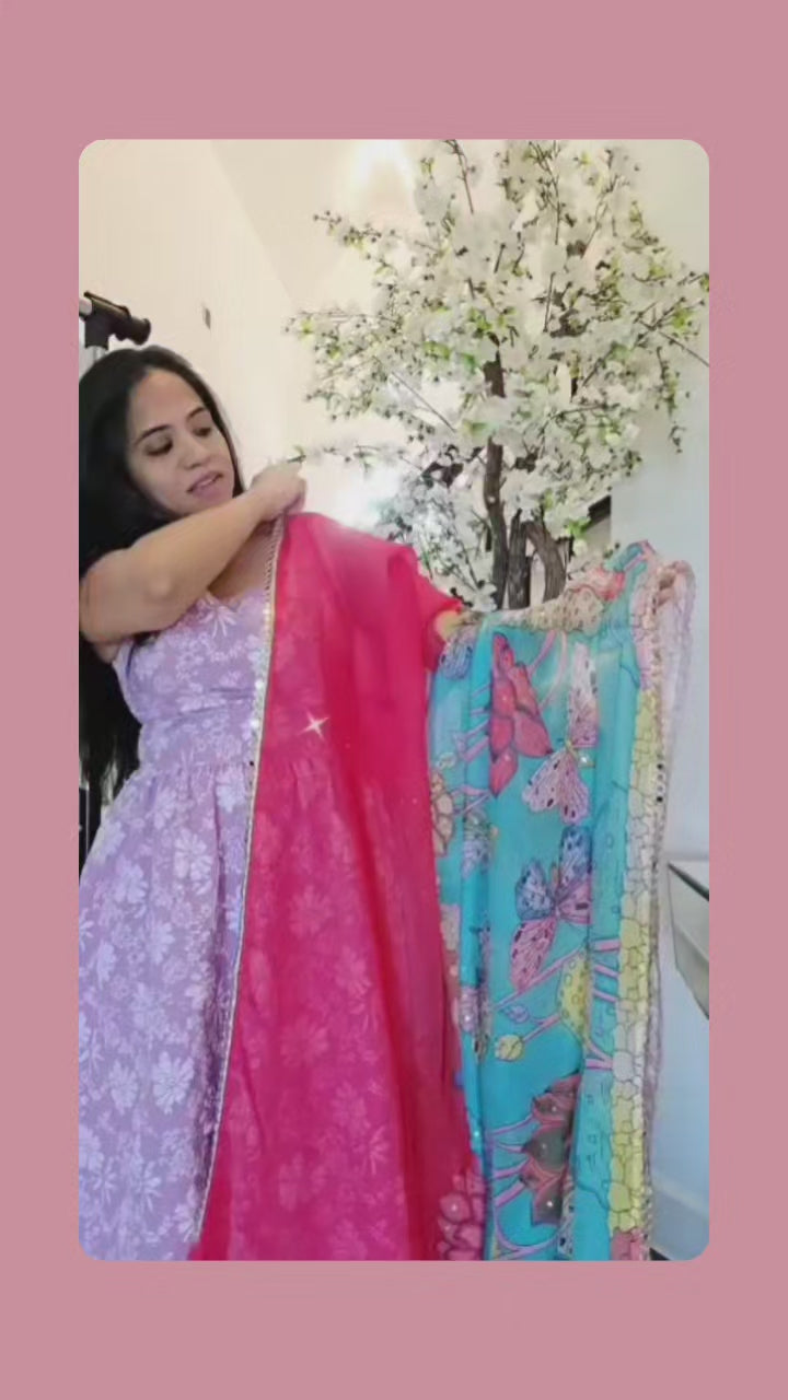 Womens Red and Blue Butterfly Kalmkari print saree and blouse