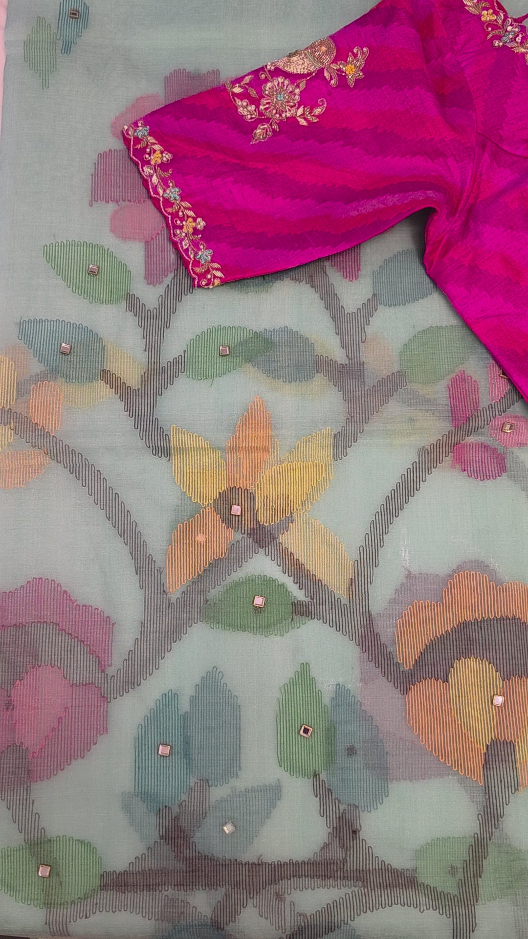 Womens Muslin Jamdani Saree with Kundan Highlights and designer blouse