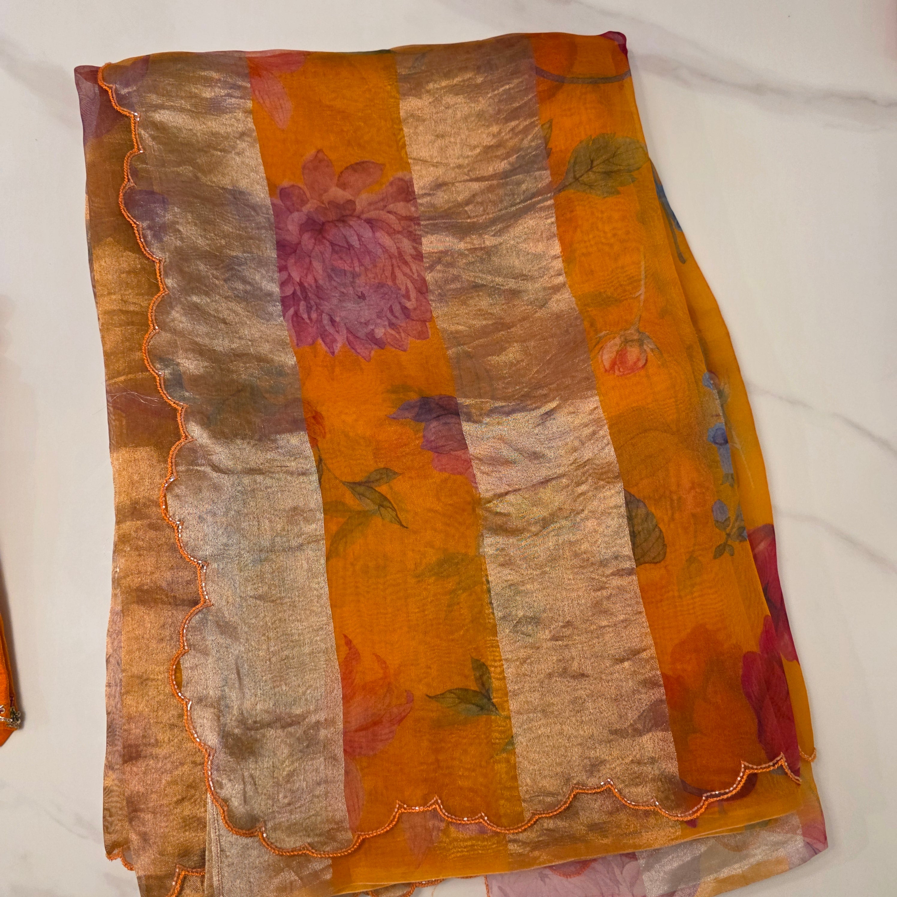 Latest Pure Organza Orange Colour Saree With Stripes with Heavy Blouse