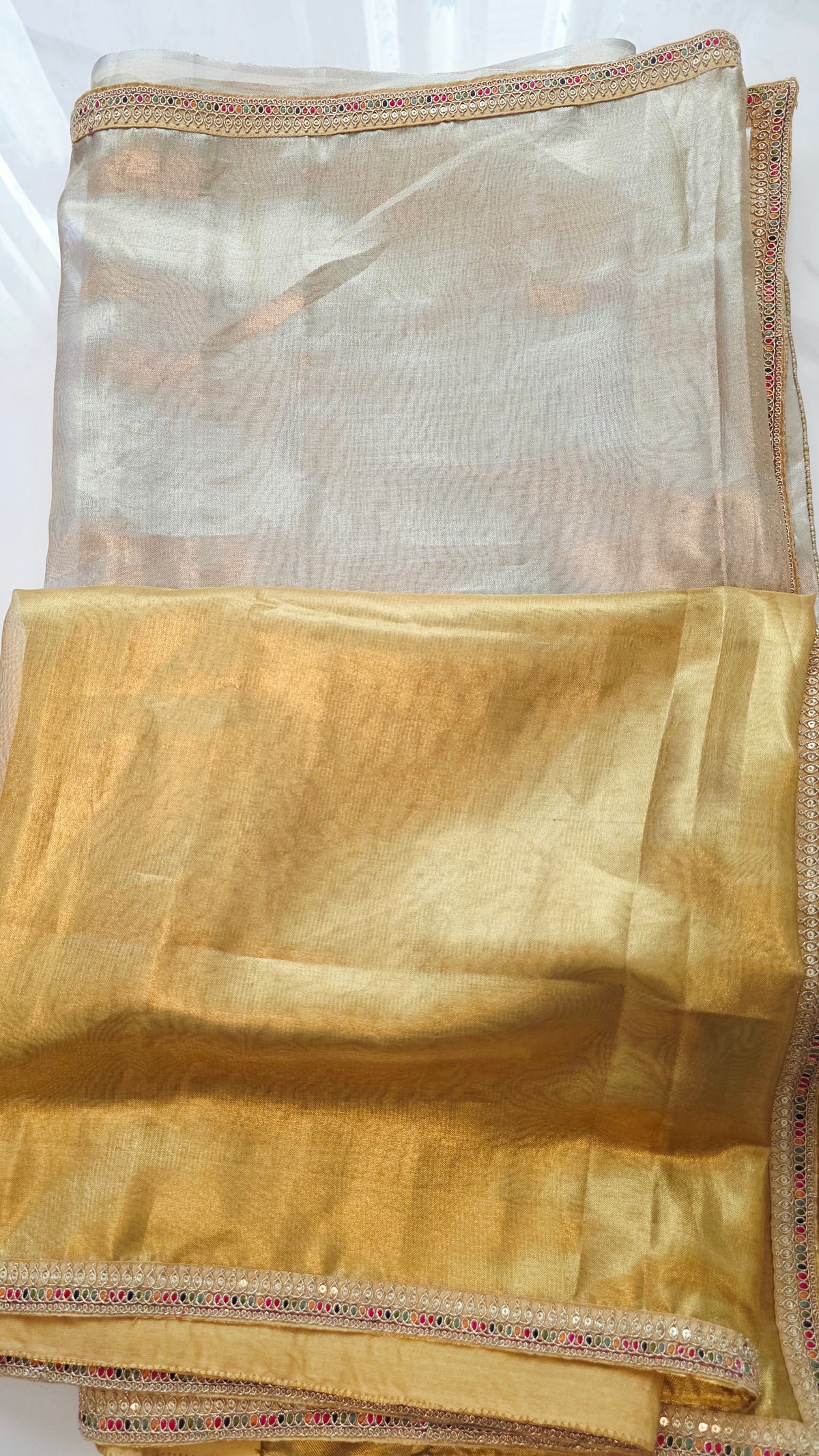 Womens Banaras Gokd and Sikver Tissue Saree with Navrathna Blouse