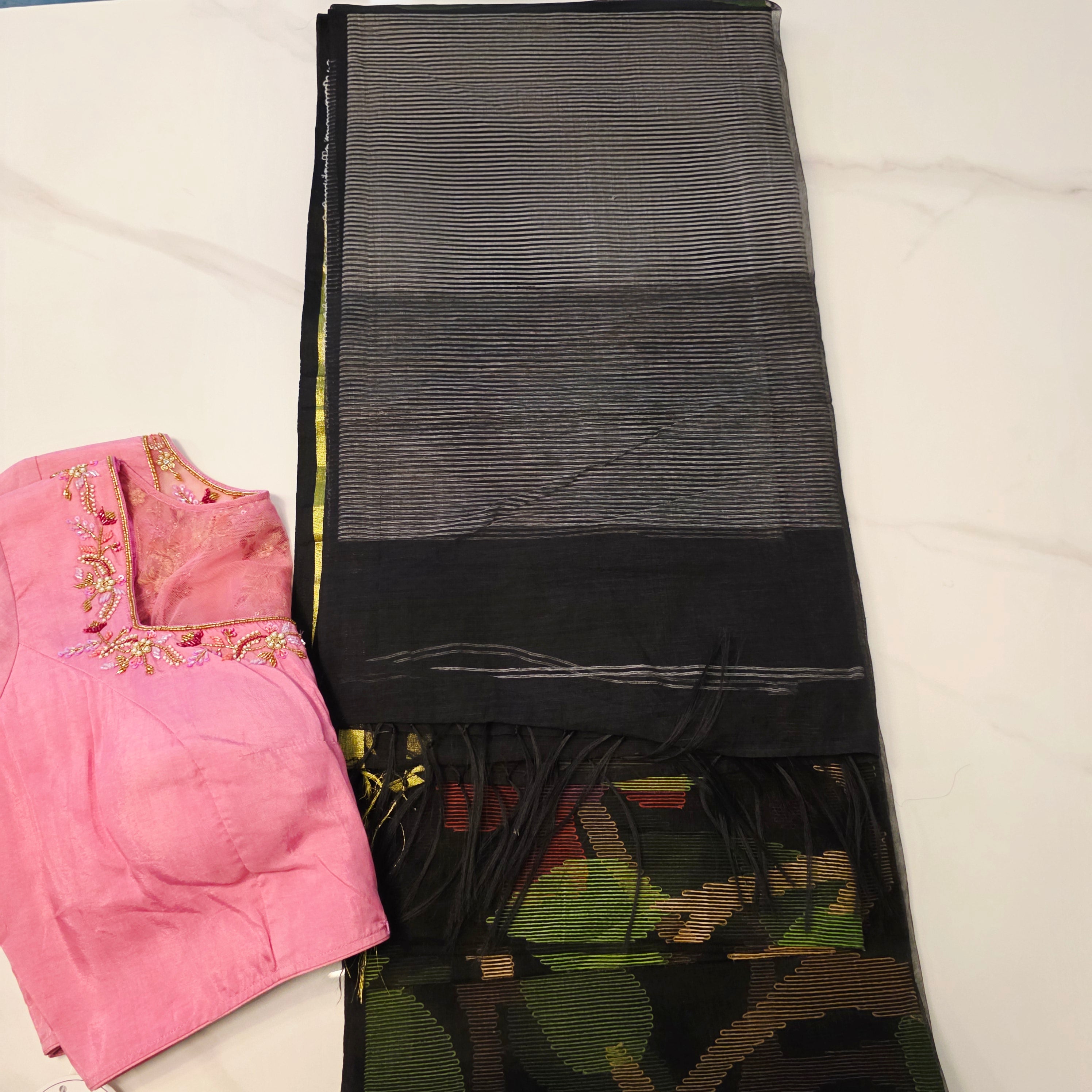 Black Muslin Jamdani Saree With Baby Pink Deaigner Blouse