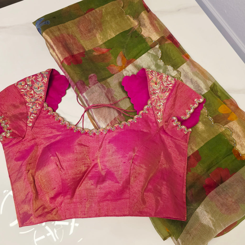 Green Stripes Premium Organza Saree with Cutwork borders paired with Tissue Rawsilk Maggam Blouse