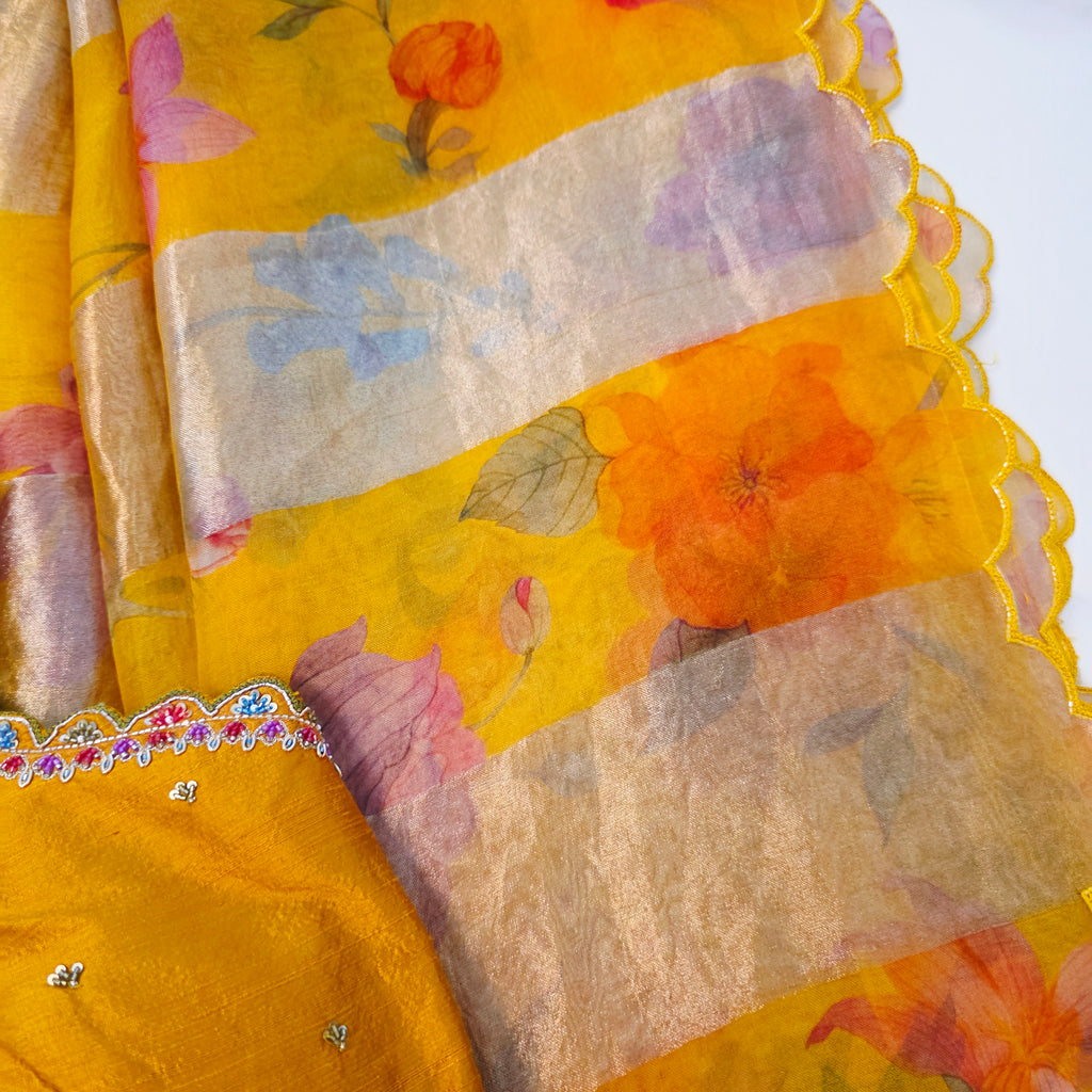 Yellow Premium Organza Stripes Saree with Rawsilk Designer Blouse