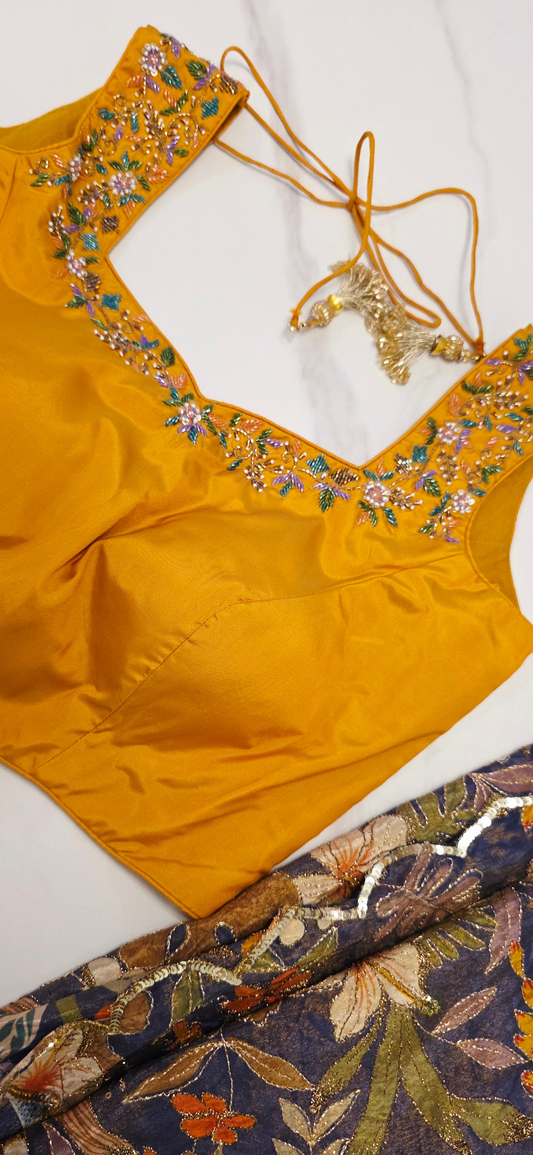 Navy Blue Floral Theme Tissue Georgette Saree with handwork border