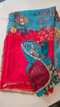 Womens Red and Blue Butterfly Kalmkari print saree and blouse