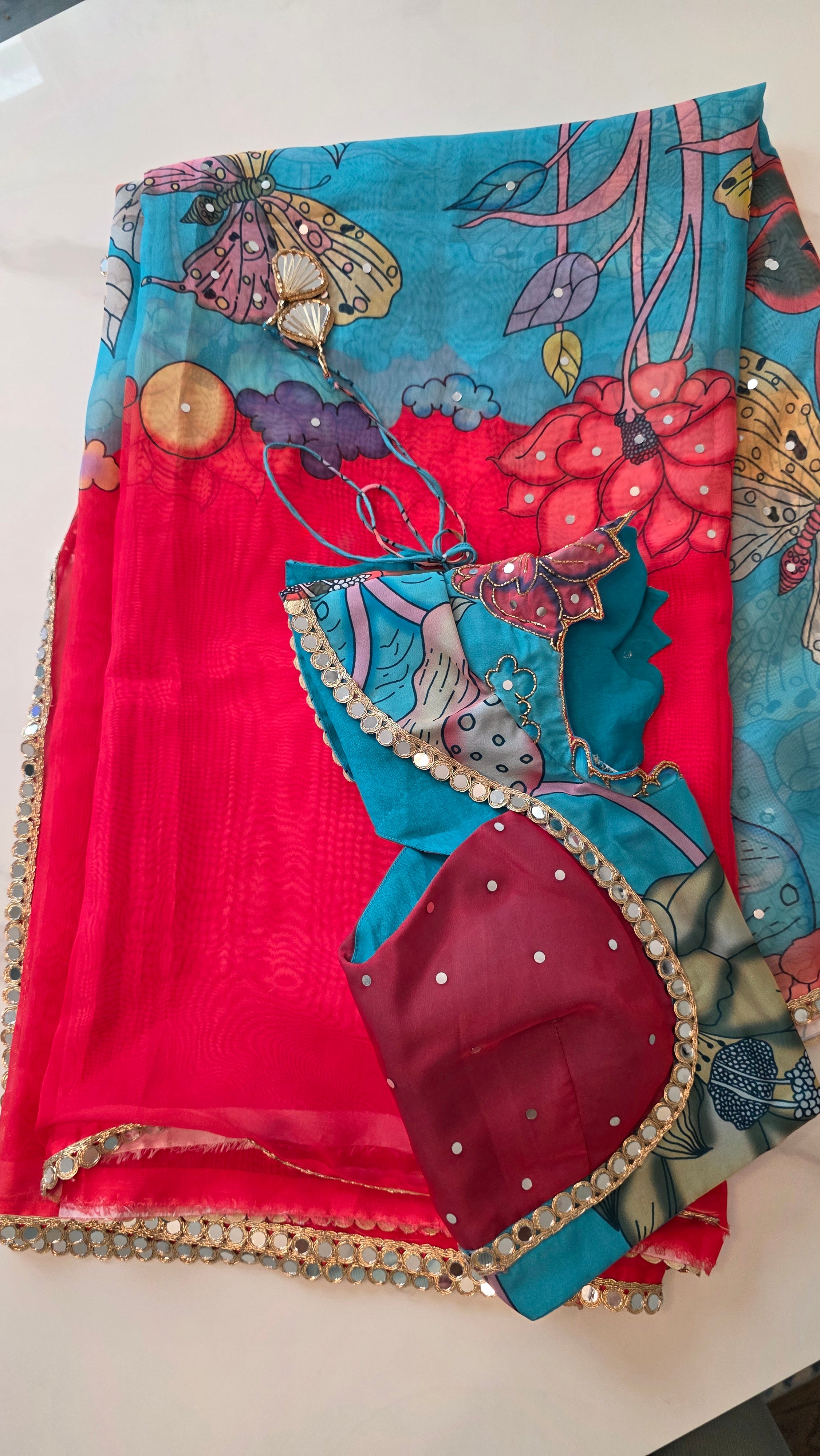 Womens Red and Blue Butterfly Kalmkari print saree and blouse