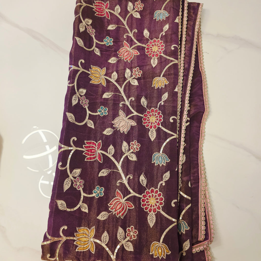 Violette Tissue-Saree mit Kalamkari-Patchwork und Designer-Bluse