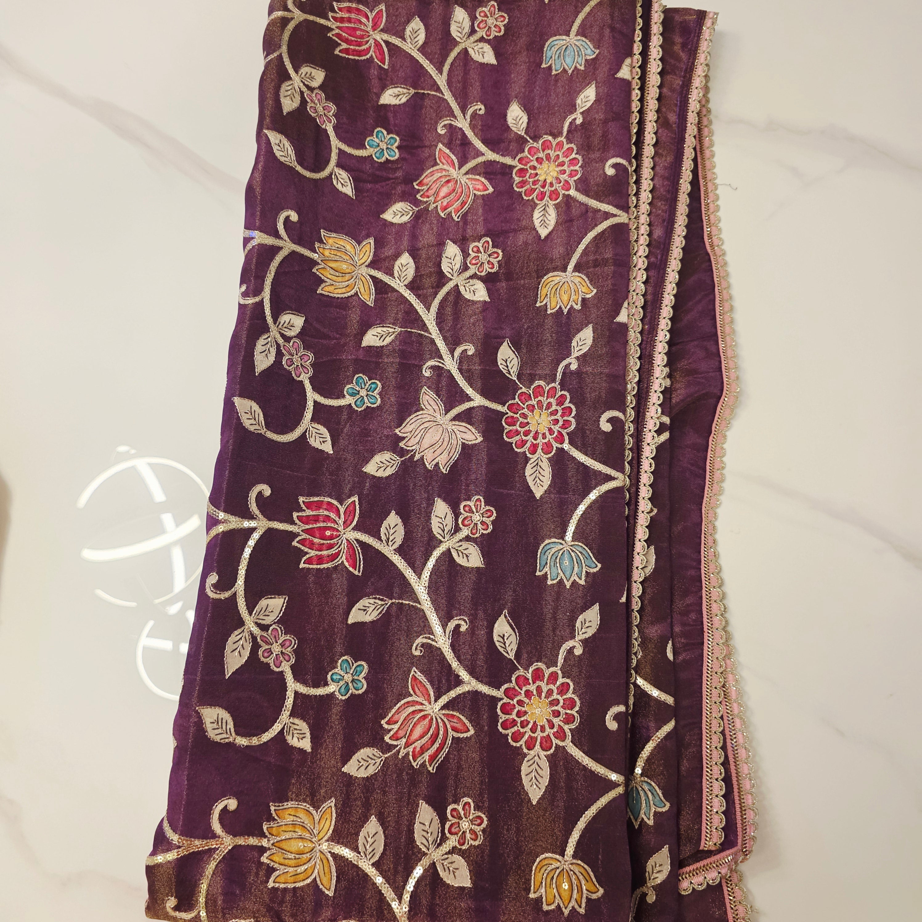 Violette Tissue-Saree mit Kalamkari-Patchwork und Designer-Bluse