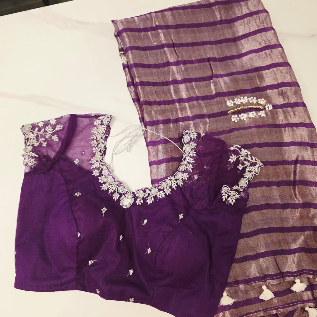 Violet Viscious Organza Stripes Saree With Leaf pattern mottifs paired with Net designer blouse