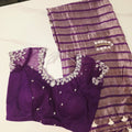 Violet Viscious Organza Stripes Saree With Leaf pattern mottifs paired with Net designer blouse