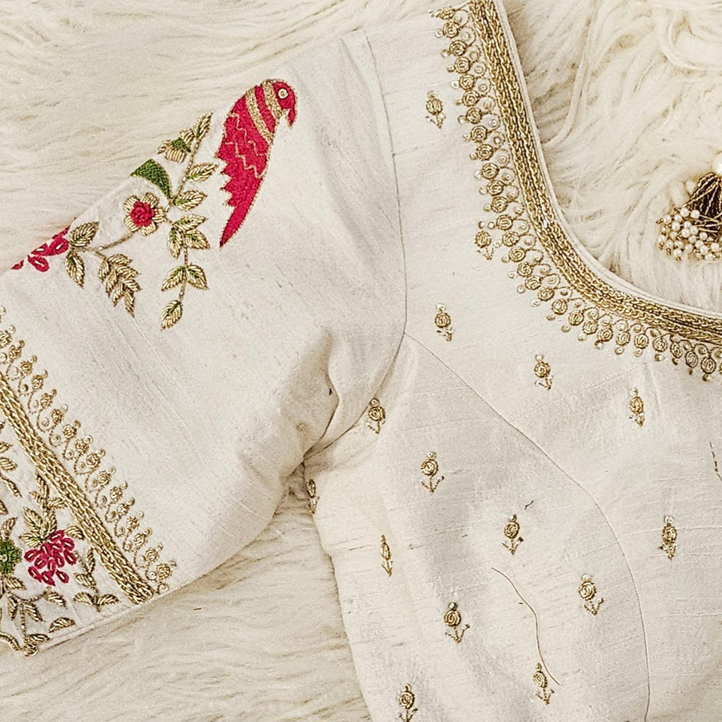 Pinkes Organza-Saree mit Blättern und Designer-Maggam-Arbeitsbluse