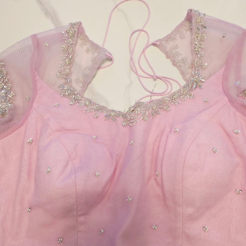 Seagreen Organza Glass Tissue With Mirror Work and BabyPink Net Blouse