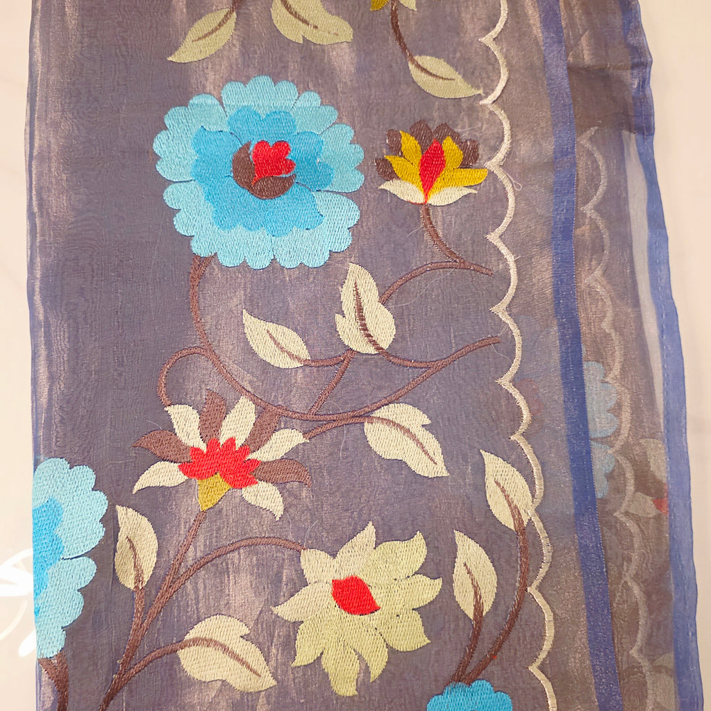 Blue Banaras Saree with Floral Embroidery