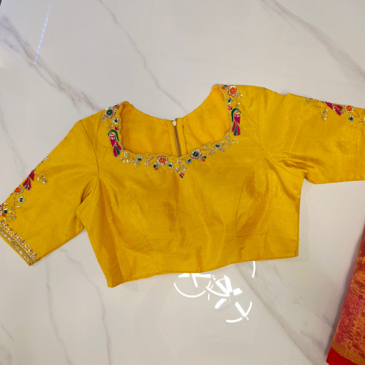 Womens Muslin Jamdani Saree with Kundan Highlights and designer blouse