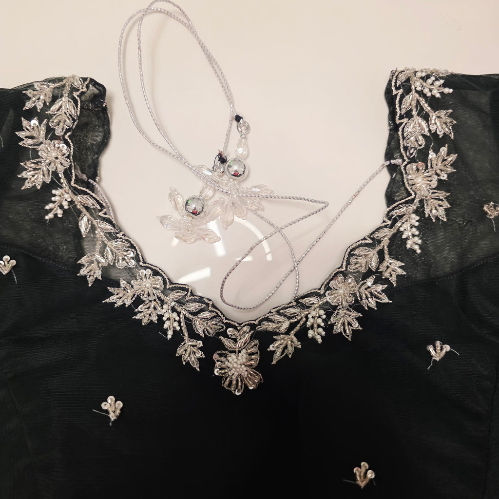 Bottle Green Viscious Organza Stripes Saree with Net Maggamwork blouse