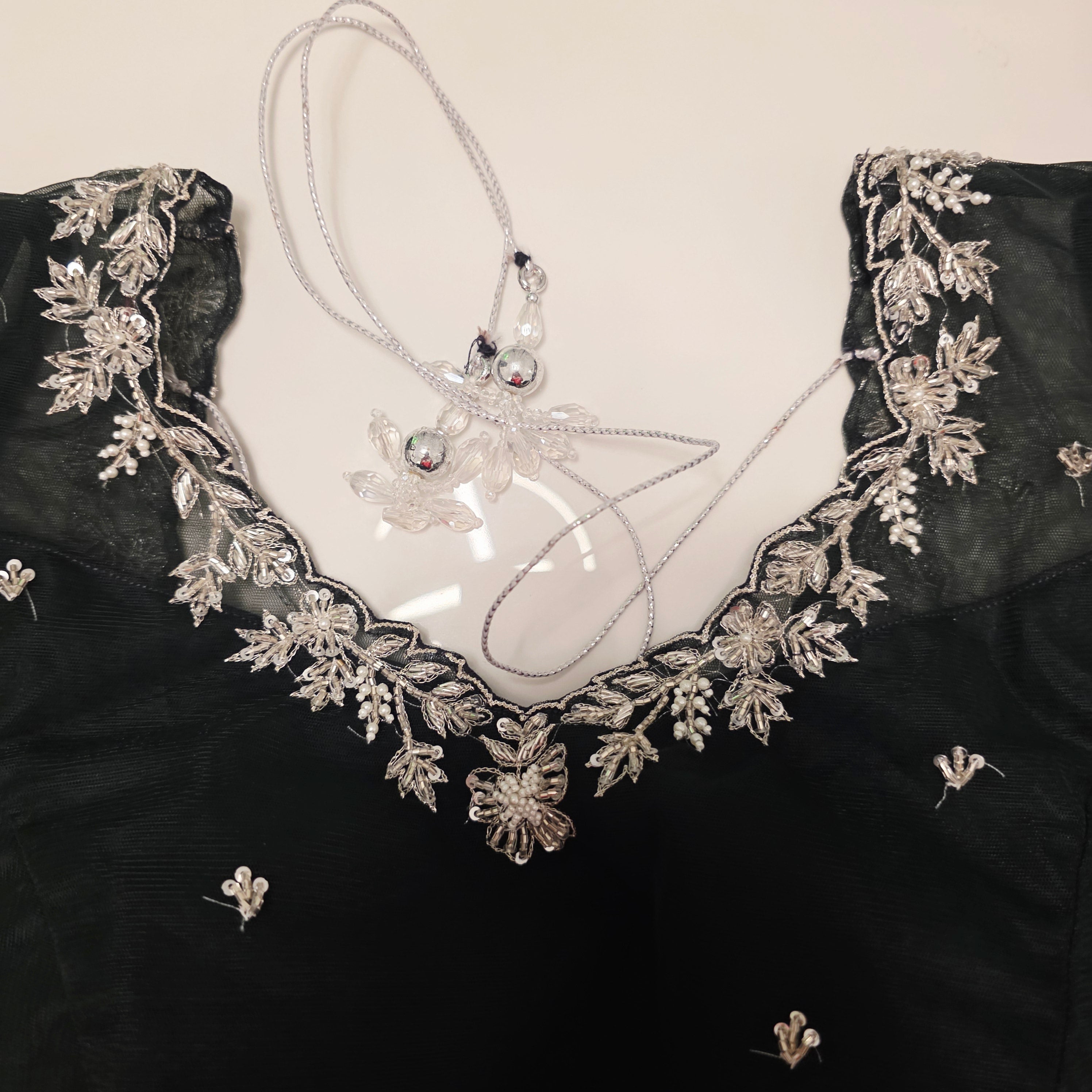 Bottle Green Viscious Organza Stripes Saree with Net Maggamwork blouse