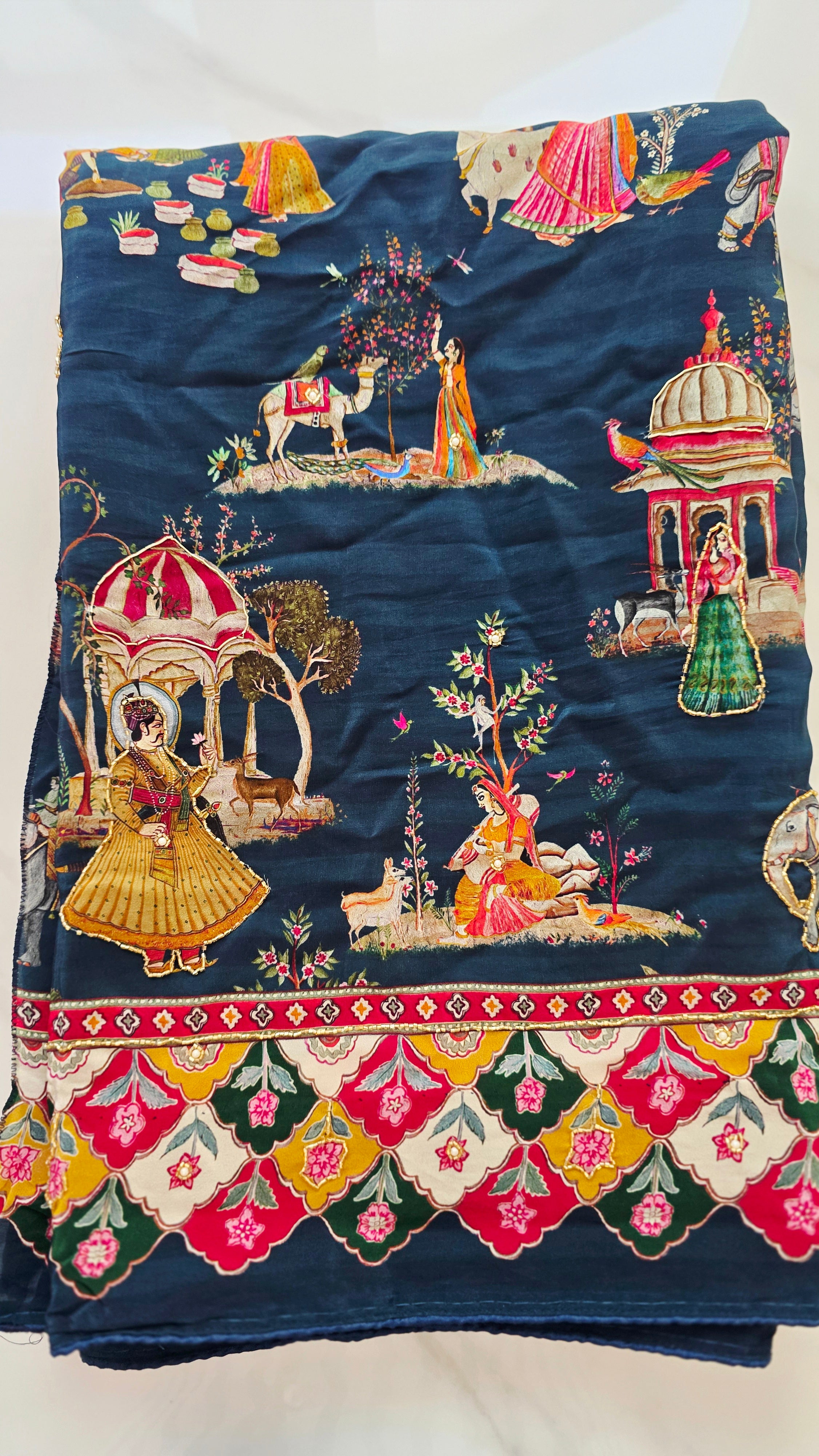 Womens Pure Crape Silk Tribal Art Sarees With Cutdana work