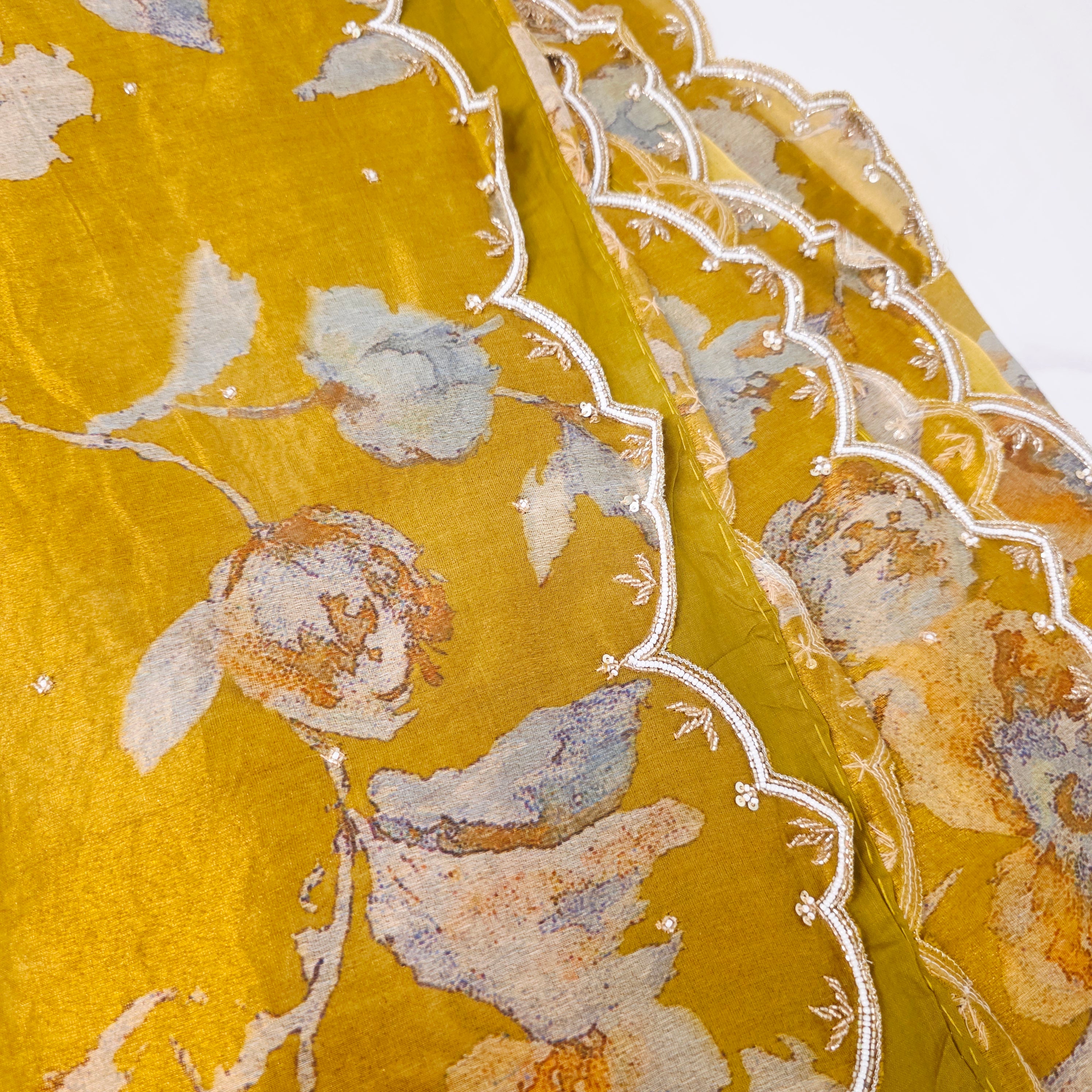 Golden Yellow Pure Tissue Saree with Saree Highlights and Rawsilk Maggam work Blouse